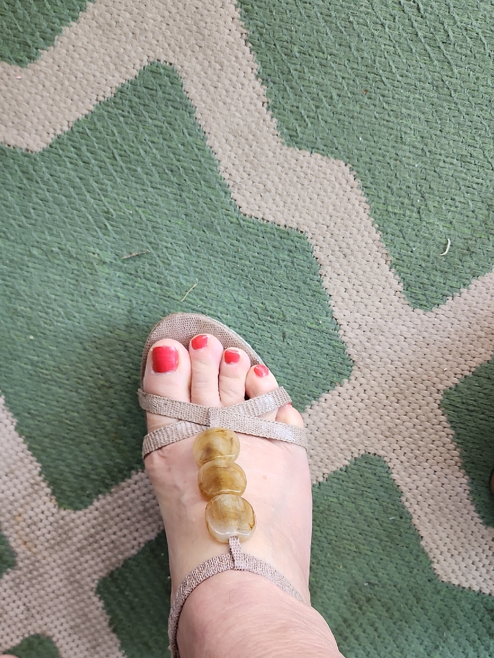 Madeline Stuart Taupe T-Strap Sandals with Amber Accents